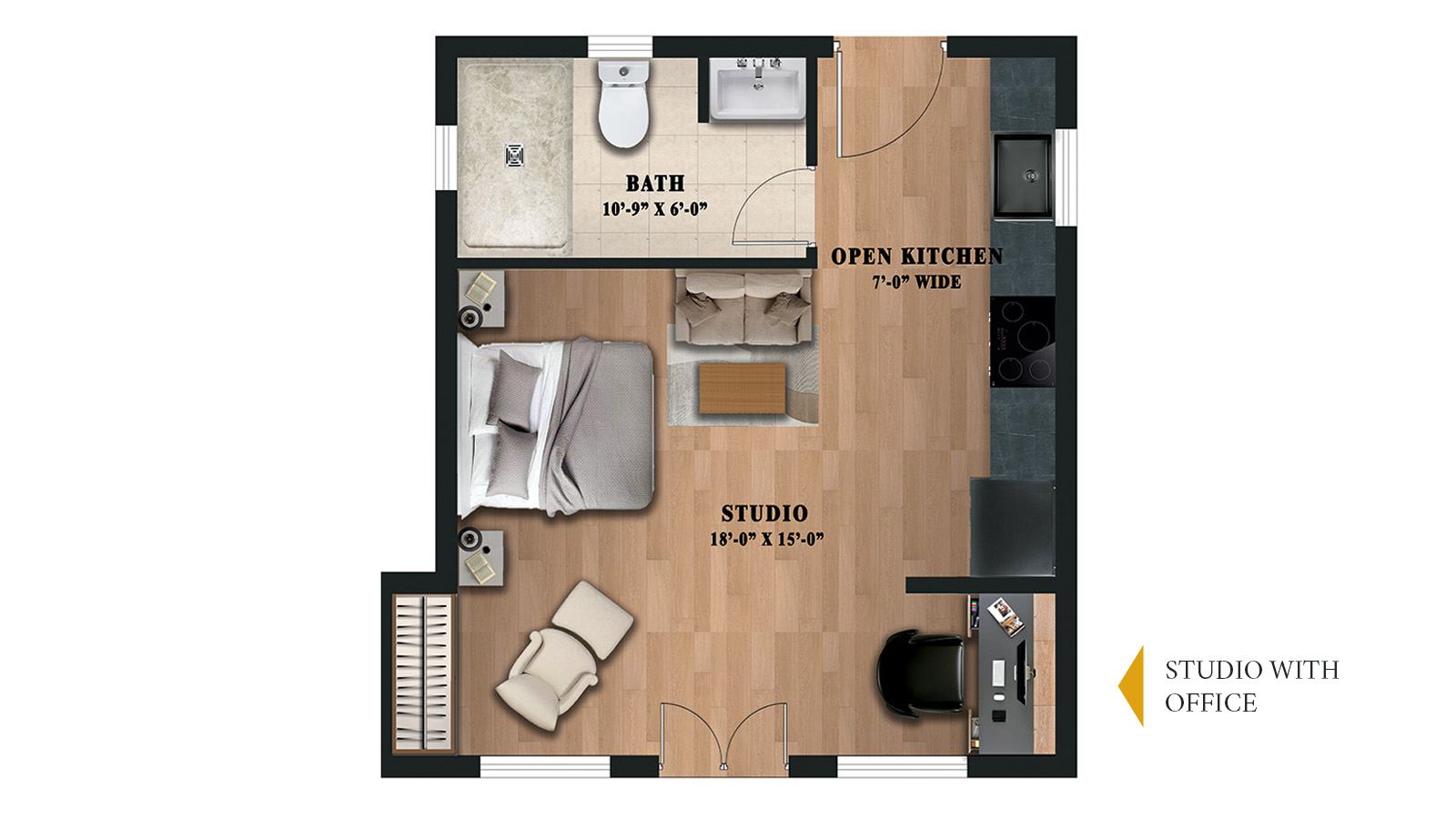 Model A interior open concept living space design profile