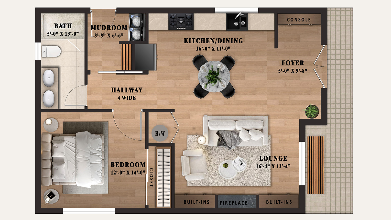 Completed Model B tiny home backyard placement rendering